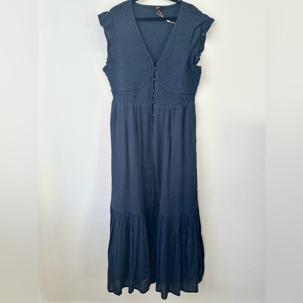 NWT Organic Textured Cotton Smocked V-Neck Midi Dress sz L